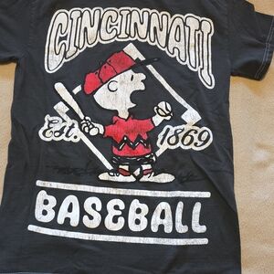 Peanuts Kids Black Tee with Red Charlie Brown Baseball Graphic